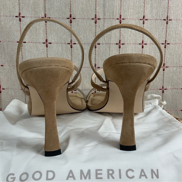 Good American Suede Strappy Heels Gold Square Toe Sz 9 Light Brown Leather New - Picture 4 of 8